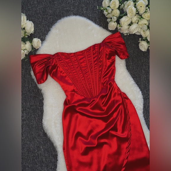 Beautiful red satin fishbone evening cocktail party corset dress L - Picture 6 of 9